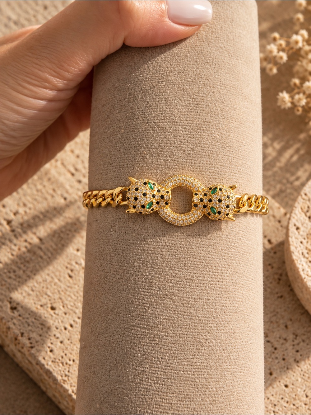 Gold Panther Head Chain Bracelet with Green & White Stones